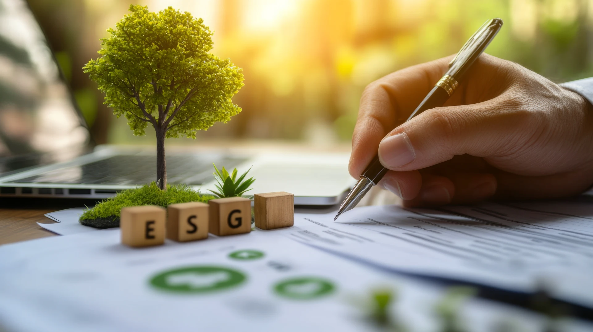 A hand signs documents beside a small tree and wooden blocks spelling "ESG," symbolizing environmental, social, and governance commitments.