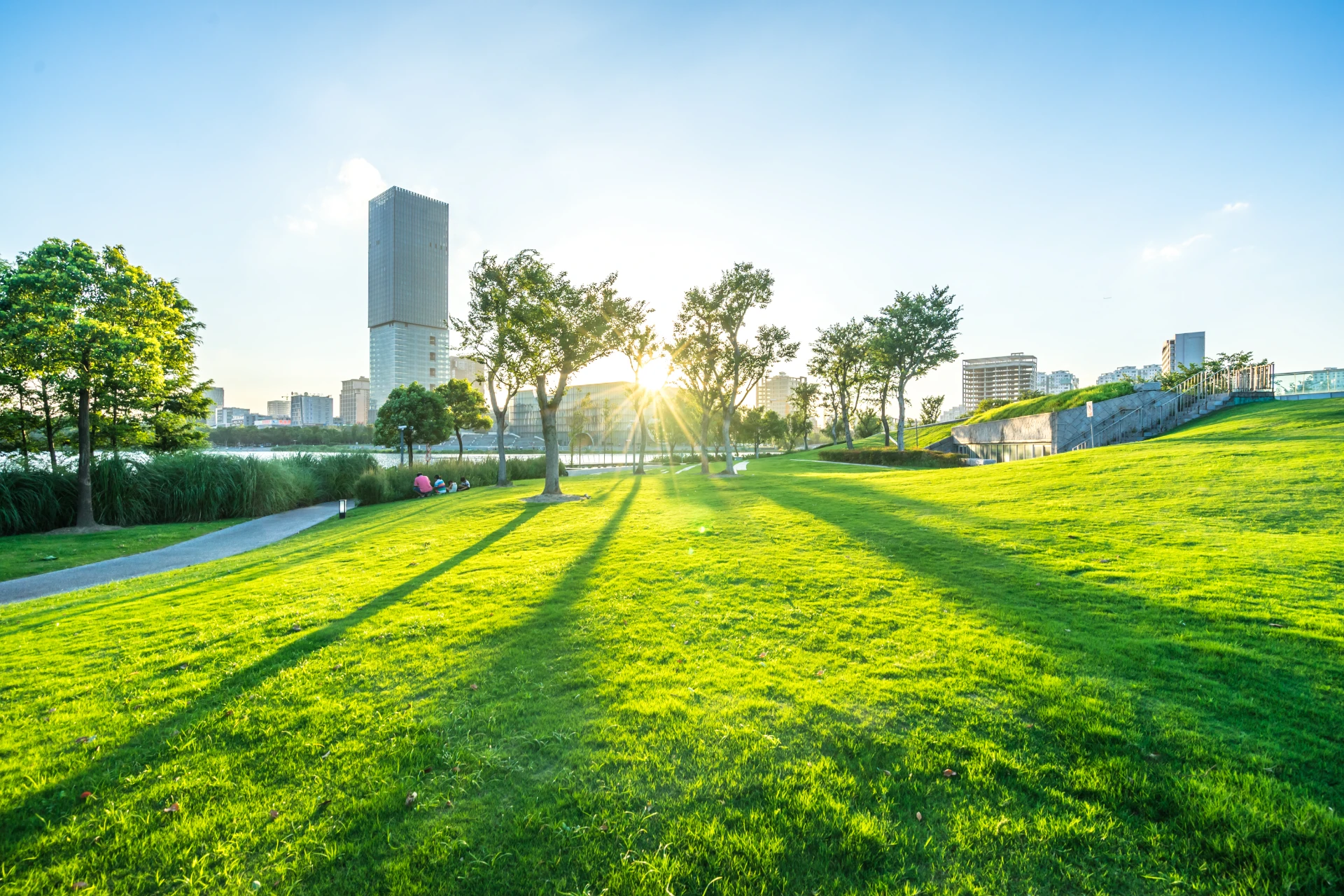 city skyline with green lawn