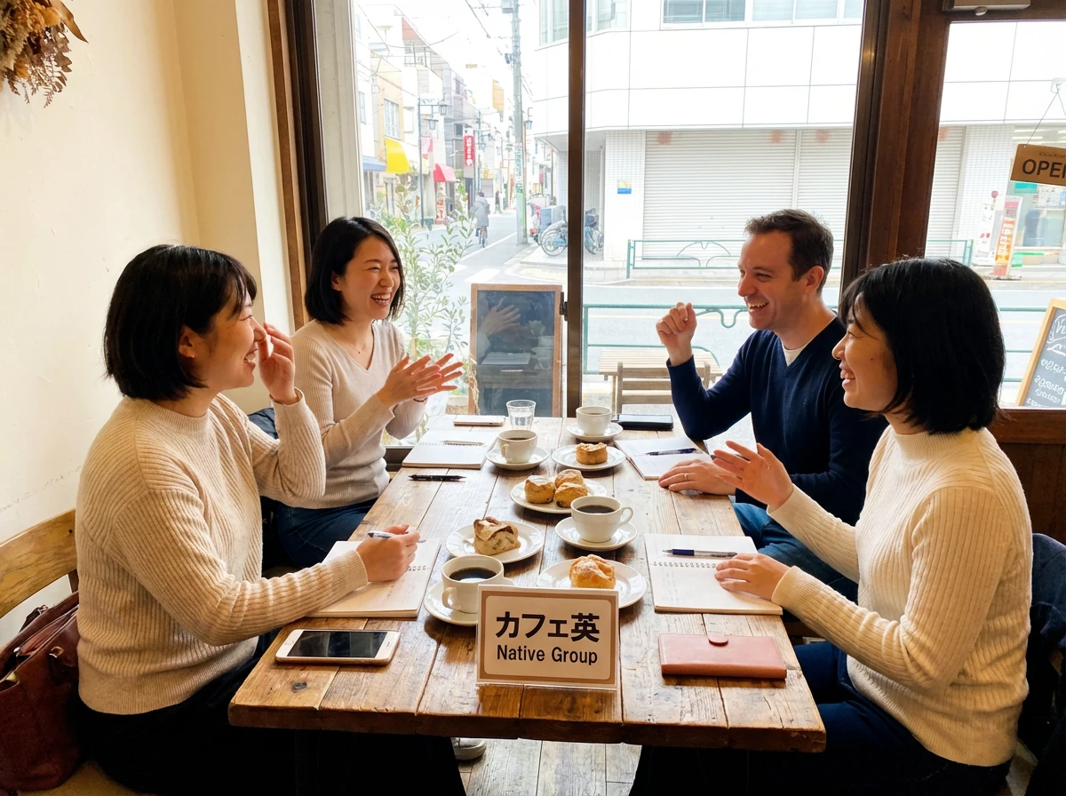 Firefly_Gemini Flash_カフェ英 Native Groupは、ネイティブ講師1名と日本人参加者3名による少人数制の実践型英会話セッションです。全国100か所の雰囲気のいいカフェで “オンラインで 1