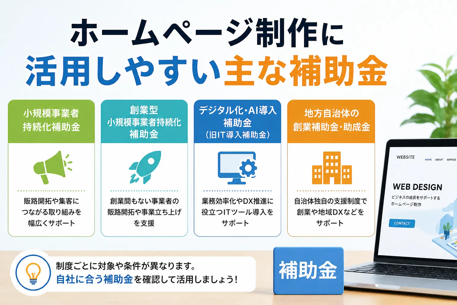 ホームページ制作に活用しやすい主な補助金